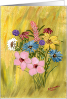 pink, blue, purple, white, and yellow flowers, bouquet, note card, wildflowers card