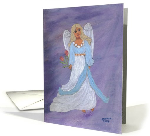 Angel in blue & white dress, pink flowers, blank note card (641010)