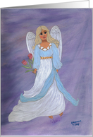 Angel in blue & white dress, pink flowers, blank note card
