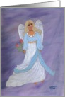 Angel in blue & white dress, pink flowers, blank note card