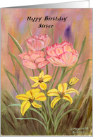 Birthday Sister, Pink and yellow flowers,outside,garden,nature, card