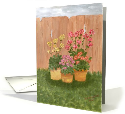 Pots of colorful flowers against a fence, blank note card (649961)