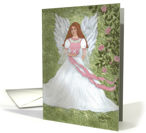 Angel in pink and white dress, white cross, mystical, myths, note card