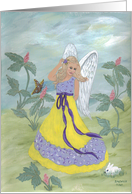 Angel in lavender and yellow dress, white bunny,butterfly, mystical, myths, note card