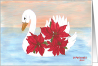 White swan, poinsettias, blank note card