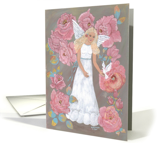 Angel in White, dove, Pink Roses, note card (830588)