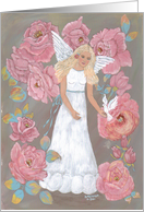 Angel in White, dove, Pink Roses, note card