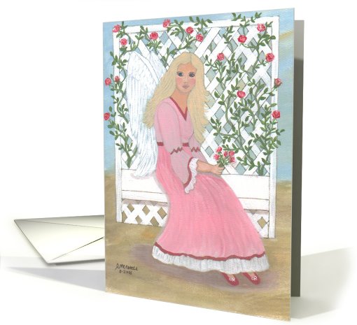 Angel in Pink sitting on garden bench, note card (830590)