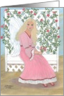 Angel in Pink sitting on garden bench, note card