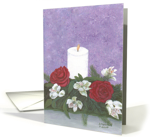 White Candle and Red Roses, white flowers still life, note card