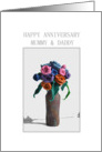 Happy Anniversary Mummy & Daddy, Colorful Clay Roses In Vase card
