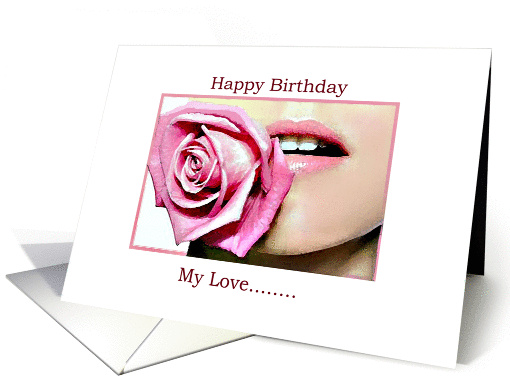 Birthday Wishes, female lips with pink rose card (629220)