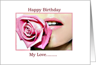 Birthday Wishes, female lips with pink rose card