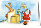 Santa, reindeer, Angel and Elf are Wrapping a Christmas Gift card