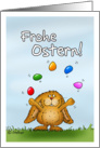 Frohe Ostern - Happy Easter in German- Cute Bunny juggling with eggs card