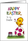 Happy Easter Card - to my Cousin - cute chick is coloring Egg card