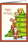 Santa and his Team are decorating the Tree - Humorous Christmas Card