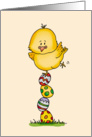 Balancing Act - Little chick is balancing on a pile of Easter Eggs card