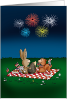 Humorous 4th of July Card with Fireworks - Friends on picnic blanket card