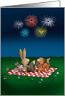 Humorous 4th of July Card with Fireworks - Friends on picnic blanket card