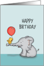 Happy Birthday, Cute Yellow Bird with Red Balloon Perched on Elephant’ card