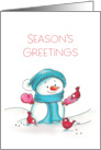 Season’s Greetings Snowman and Birds Eating Out of Hand card