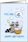 Funny and Cute 4th Birthday with Racoon and Bubbles card