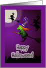 Halloween witch flying on a broom, moon. card