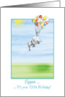 100th Birthday, cute Elephant flying with balloons! card