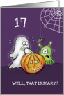 Halloween - 17th Birthday Cute scared Ghost with Pumpkin and Monster card