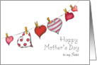 Mothers Day - to my Sister - Hearts on Clothesline card