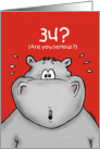 34th Birthday - Humorous, Surprised, Cartoon - Hippo card