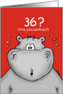 36th Birthday - Humorous, Surprised, Cartoon - Hippo card