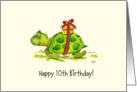 10th Birthday - Humorous, Cute Turtle with Gift on Back card