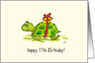 17th Birthday - Humorous, Cute Turtle with Gift on Back card