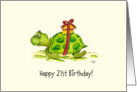 21tst Birthday - Humorous, Cute Turtle with Gift on Back card