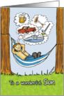 Humorous Father’s Day Card for Son - Relaxed Dad in Hammock card