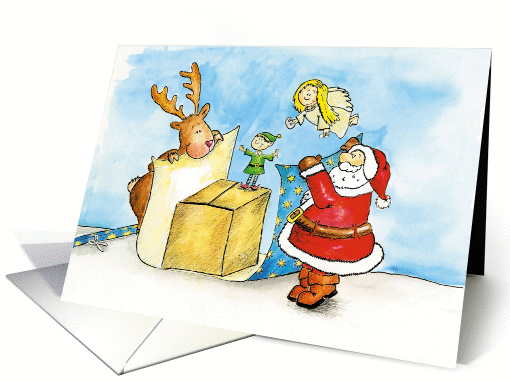 Santa, reindeer, Angel and Elf are Wrapping a Christmas Gift card