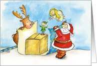 Santa, reindeer, Angel and Elf are Wrapping a Christmas Gift card