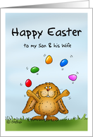 Happy Easter to my Son & Wife - Cute Bunny juggling with eggs card