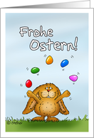 Frohe Ostern - Happy Easter in German- Cute Bunny juggling with eggs card