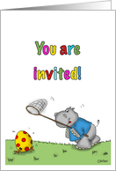 Egg Hunt Invitation Hippo chasing an egg, whimsical design card