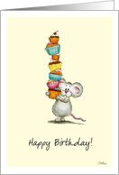 Happy Birthday - Cute Mouse with a pile of cupcakes card