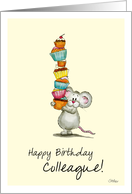 Happy Birthday Colleague - Cute Mouse with a pile of cupcakes card