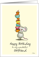 Happy Birthday Girlfriend - Cute Mouse with a pile of cupcakes card