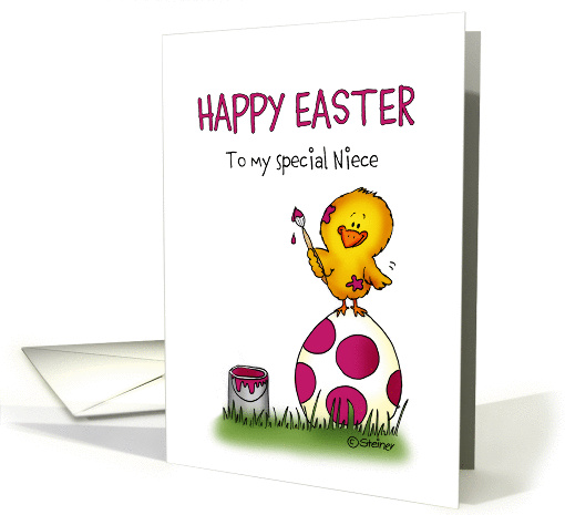 Humorous Easter Card for your Niece - cute chick is coloring Egg card
