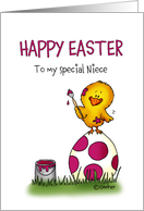 Humorous Easter Card for your Niece - cute chick is coloring Egg card