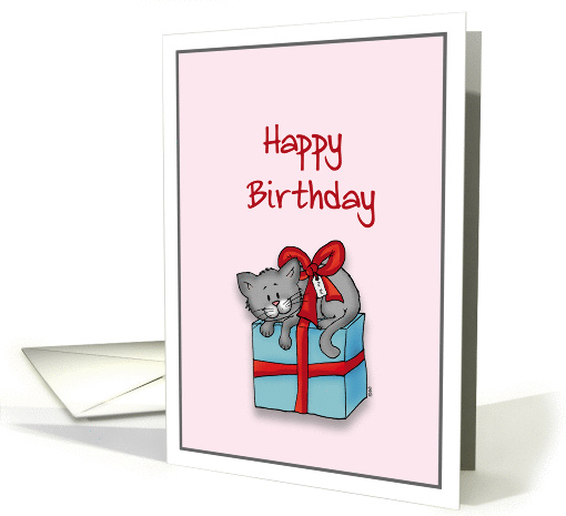 Happy Birthday General - Whimsical Cat tied up on top of a Gift card