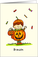 Personalize with name - Trick or Treat Boy in Pumpkin Costume card