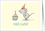 Make a Wish - Cute Mouse is blowing Birthday Candle on Cupcake card